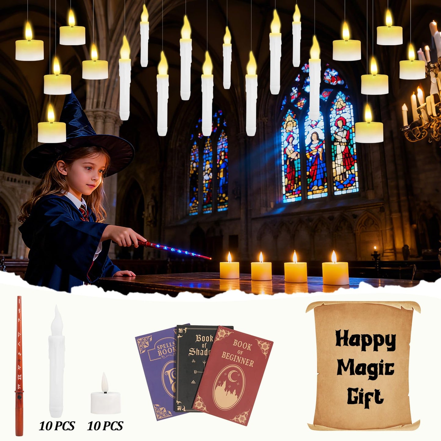Hobrad 20PCS Floating Candles with Wand Halloween Decorations Indoor Hanging Candles Halloween Battery Candles with Voice Remote Control
