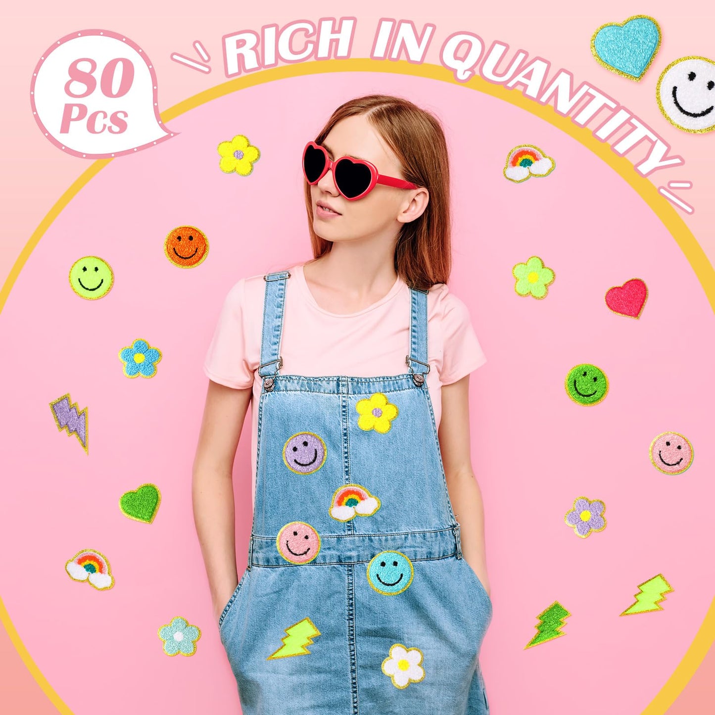 Hanaive 80 Pcs Chenille Letter Patches Self Adhesive Iron on Patch 3D Cute Embroidered Rainbow Smile Face Heart Applique Sewing Badges Patch for Fabric Clothing Jacket DIY(Assorted Rainbow,Cute)