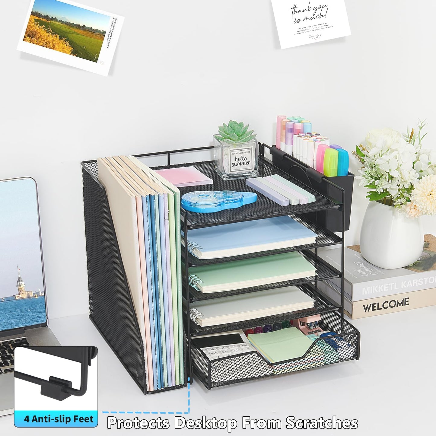 Gugsey Desk Organizer, 5-Tier Paper Letter Tray Organizer with File Holder, Drawer and Pen Holder, Desktop Organizer for Office Supplies, Black