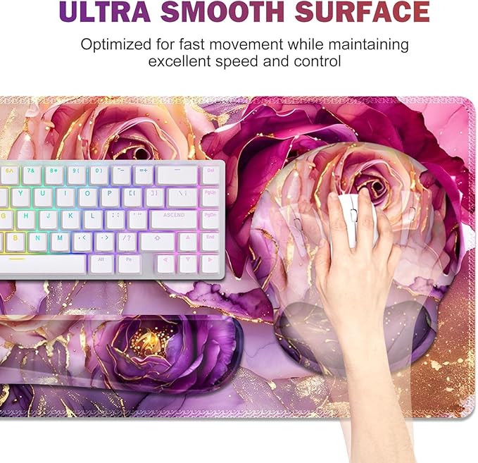 Gaming Mouse Pad, Large Desk Mat, Cute Desk Pad Protector, 4in1 XXL Mousepad + Keyboard Wrist Rest+Mouse Wrist Rest+Coaster Set with Ergonomic Desk Pad for Home Office PC, Marble Rose Purple Flowers