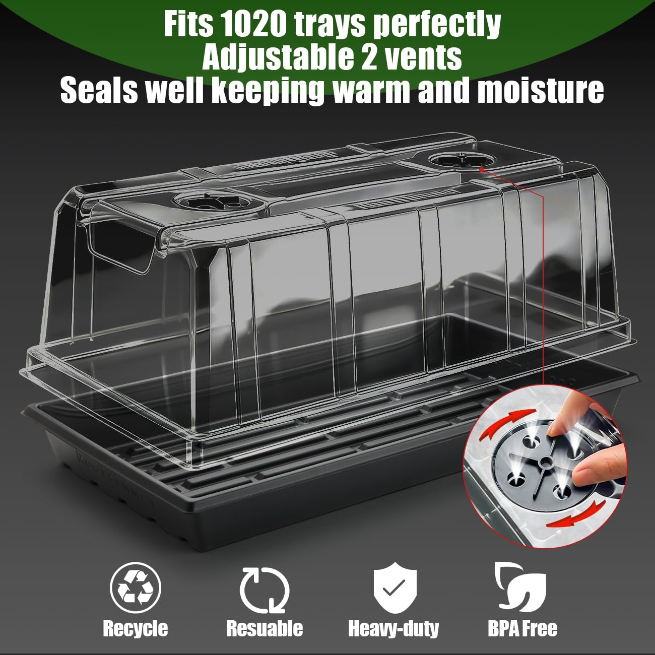 RooTrimmer 10 Pack 1020 Trays with 6.3inch High Humidity Domes, Thick and Heavy Duty Seed Starting Trays, Extra Strength Seed Starter Covers with 2 Adjustable Vents-