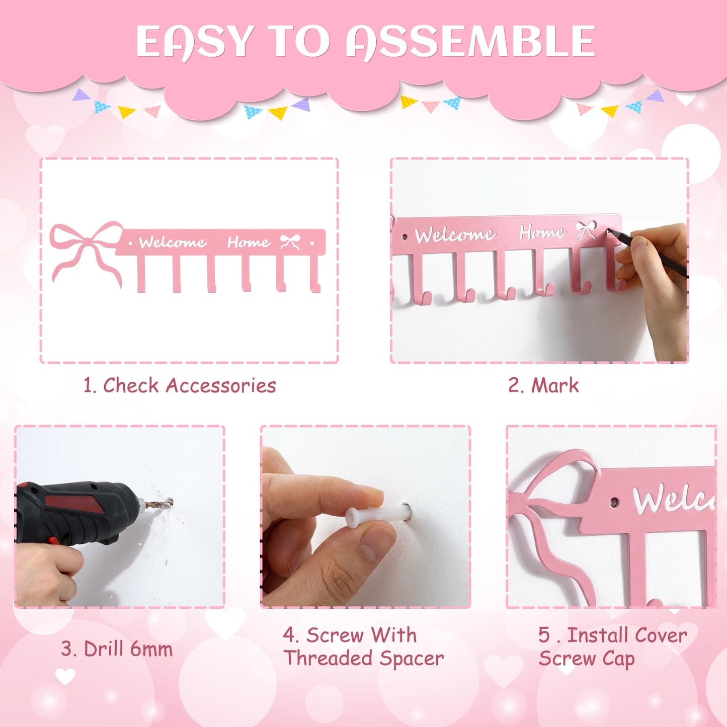 Novabright Pink Bow Welcome Home Key Hook for Wall Pink Bathroom Decor Cute Bow Towel Hooks Coquette Welcome Home Sign Key Holder Wall Mounted Racks 6 Coat Hanger for Bedroom Kitchen Entryway