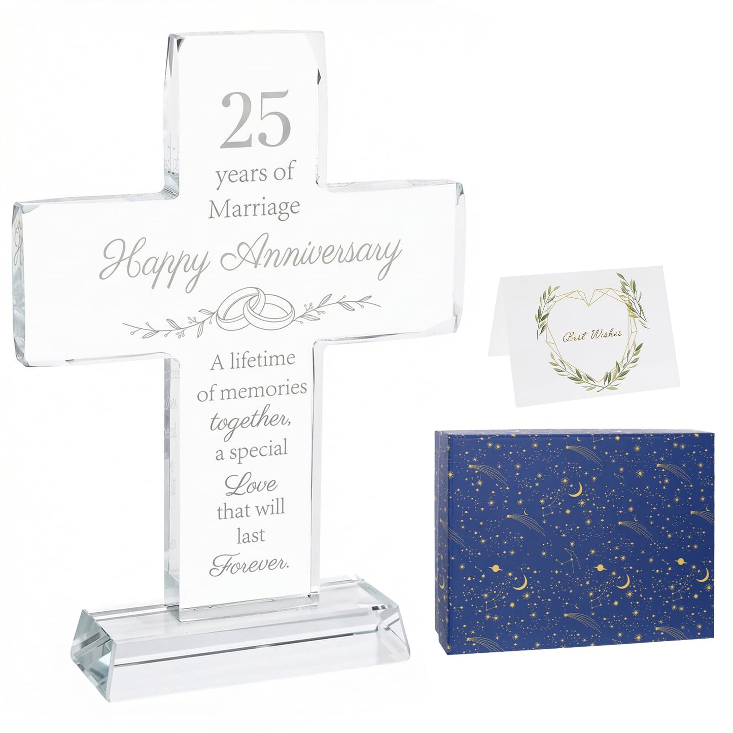 25th Wedding Anniversary for Couple Gifts, Religious Standing Cross Crystal with Wedding Keepsake Box, Laser Engraved 25 Year Anniversary Romantic Gift for Decorations, Couple, Her, Him