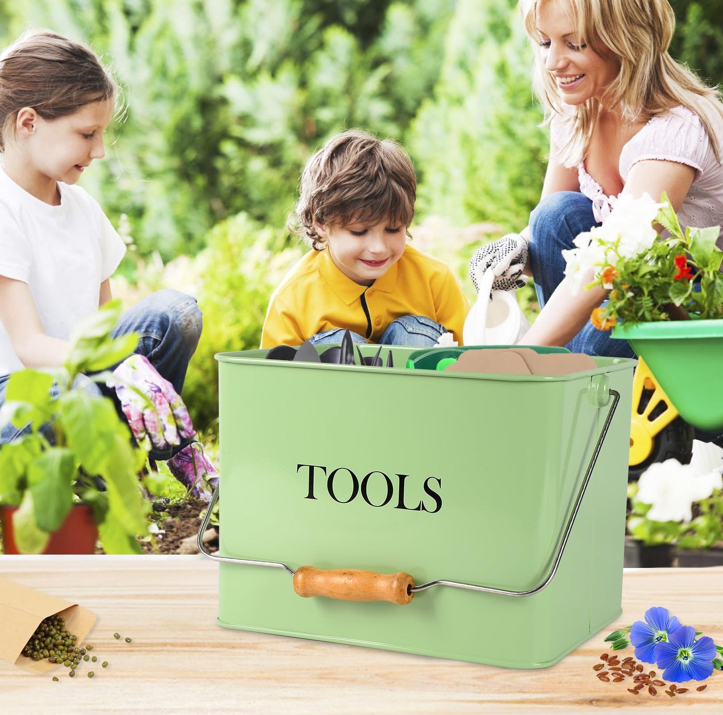 Xbopetda Garden Tool Organizer, Metal Tool Caddy with 3 Compartments, Portable Garden Tool Basket with Handle, Gardening Tool Kit Holder Empty, Garden Tool Storage for Indoor and Outdoor Use - Green