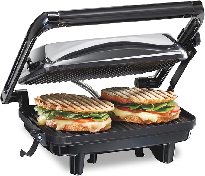 Hamilton Beach Panini Press Sandwich Maker & Electric Indoor Grill with Locking Lid, Opens Wide to Fit Any Thickness for Quesadillas, Burgers & More, Nonstick 8" x 10" Grids, Chrome (25460MNA)