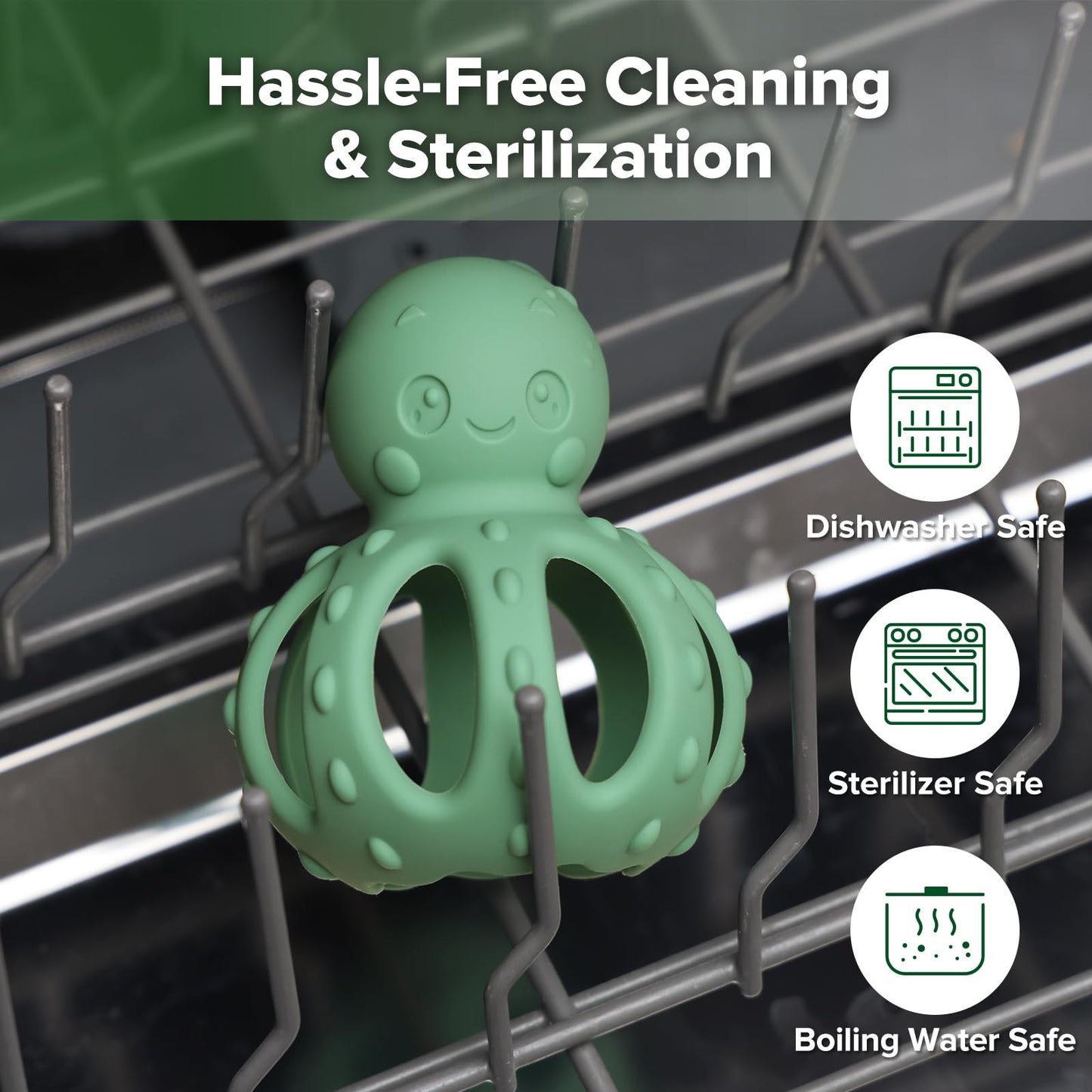 haakaa 2-in-1 Baby Teething Toy,Octopus Teether with Gentle Rattle,Soft Textured Teether for Sore Gums,Easy to Grasp Sensory Toy for Babies 3M+,Pea Green