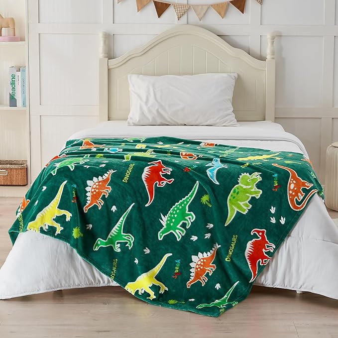 SOCHOW Glow in The Dark Dinosaur Blanket for Sons Daughters, Toys for 3-10 Year Old Preteen Teen Birthday Presents, Soft Cozy Flannel Throw Blanket for All Seasons, Green 50 x 60 Inches