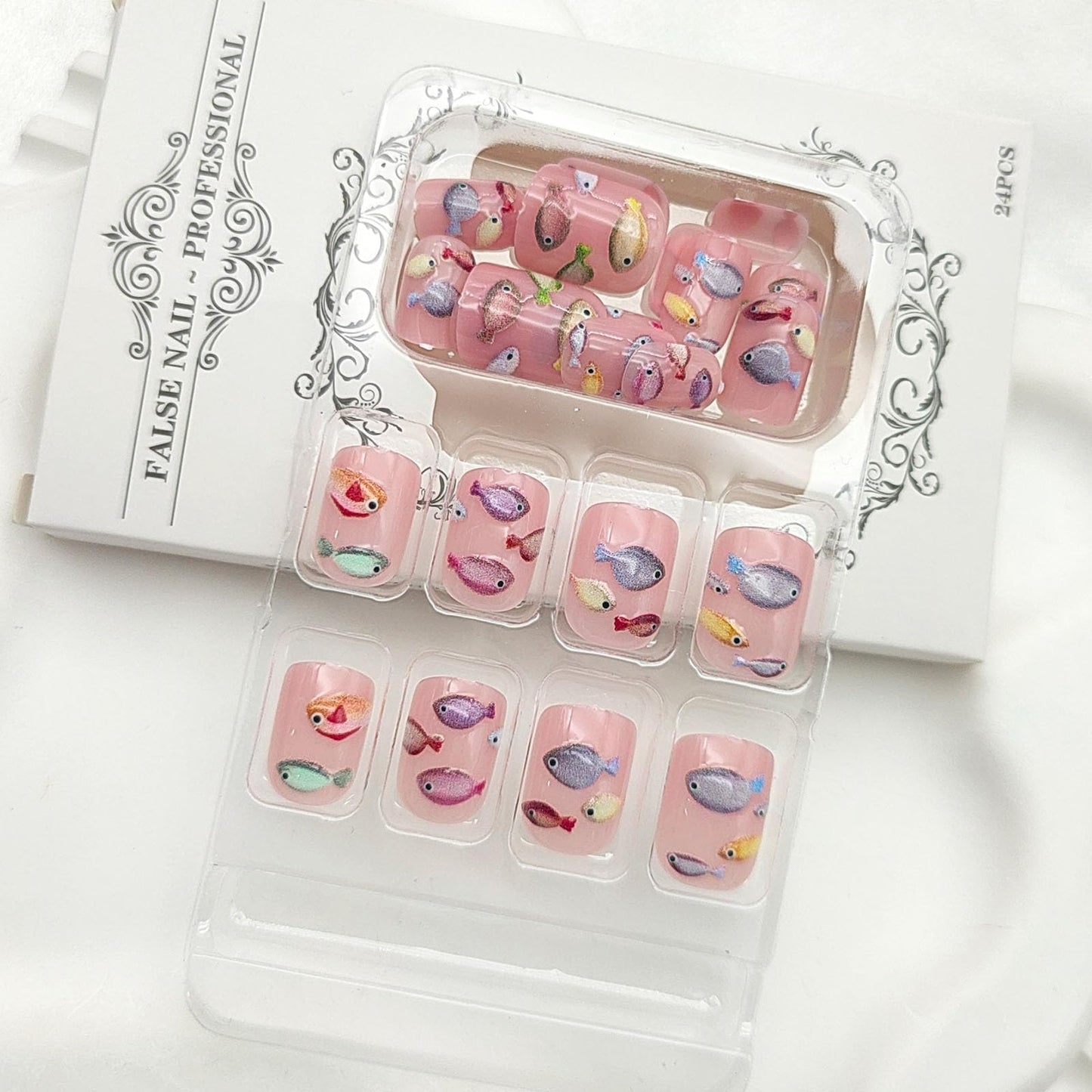 Square Press on Nails Short Fake Nails with 3D Colorful Fish Designs Nails Press ons Pink Glue on Nails Cute Artificial Nails Glossy Acrylic Nails Summer Stick on Nails for Women 24Pcs