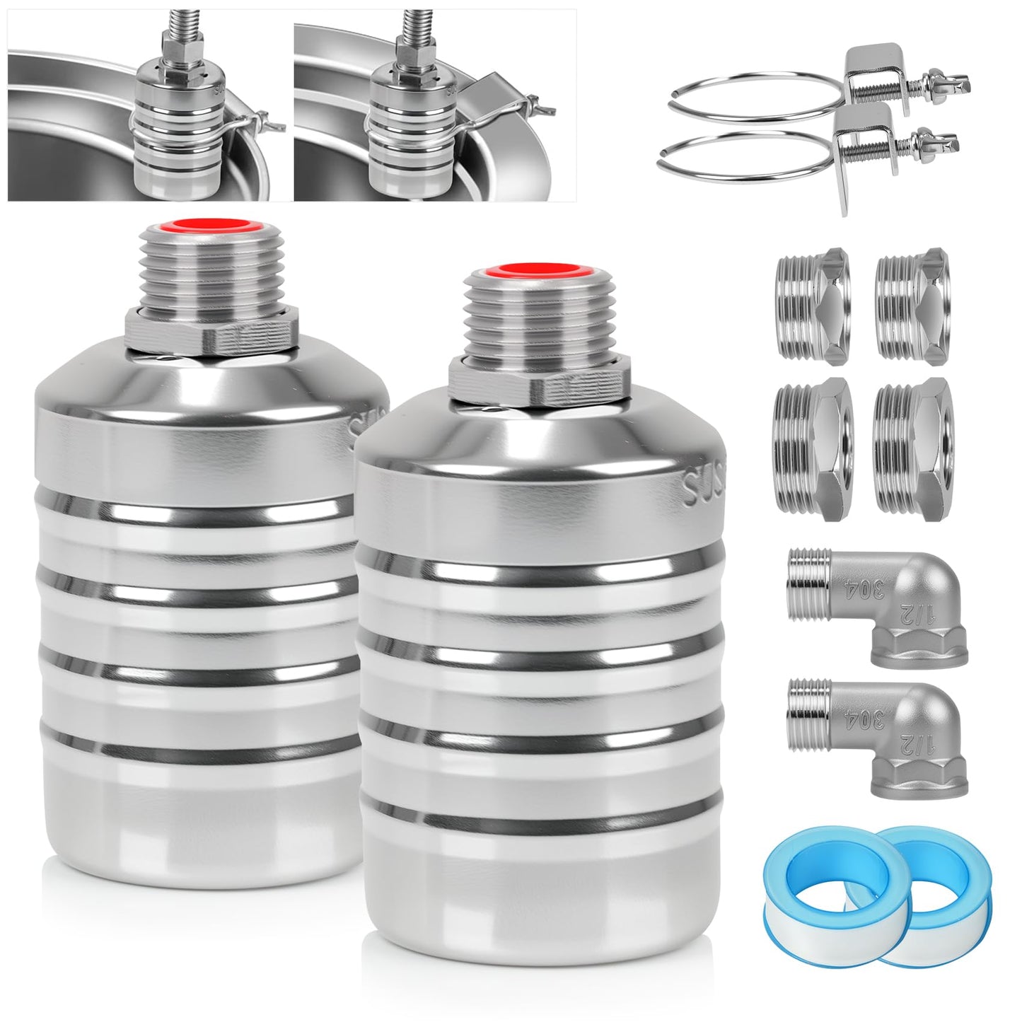 2 PCS Float Valve with 1/2", 3/4", 1" Adapters -304 Stainless Steel Water Float Valve Fully Automatic Water Level Control for Water Tanks, Aquariums, Livestock Troughs,Pools,Distillers & Ponds