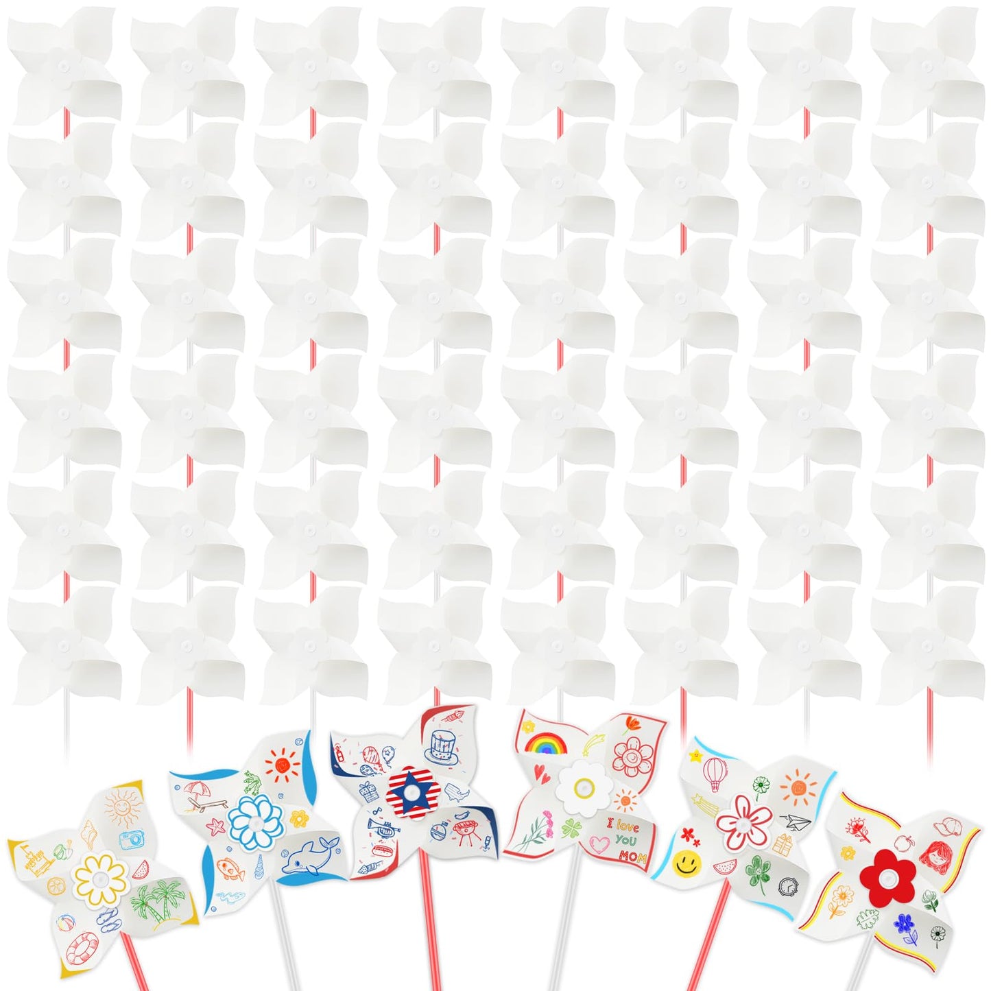 60pcs Summer Activities for Kids – DIY Paper Pinwheels Crafts, Blanks White Windmill Kits Bulk for 4th of July, Classroom Party, Back to School, Easter, Spring Art Projects