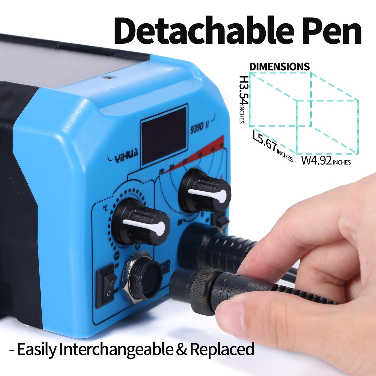 YIHUA 939D-II Pyrography Pen Wood Burning Kit Station 2-in-1 Solid-Point 200~480°C (with Temp Display)/Wire-Nib 250~750°C with 20 Nibs, Solid Points, 1 Stable Pen Holder, 2 Scrap Wood (Blue)