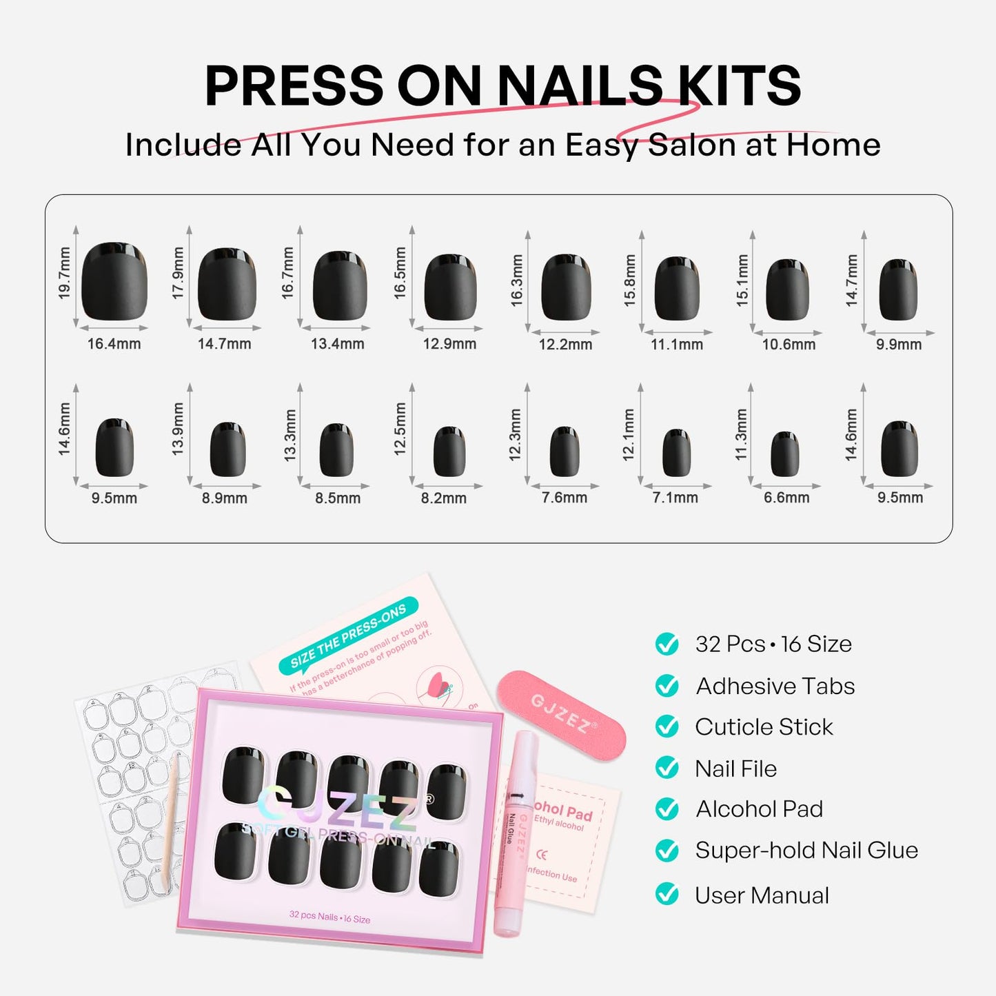 Matte Black Press On Nails Extra Short - GJZEZ Soft Gel Square Squoval Fake Nail Press Ons with Glossy French Tip in a Matte Finish, Salon Quality Reusable Glue On Nails in 16 Sizes & 32Pcs, Ink Mist