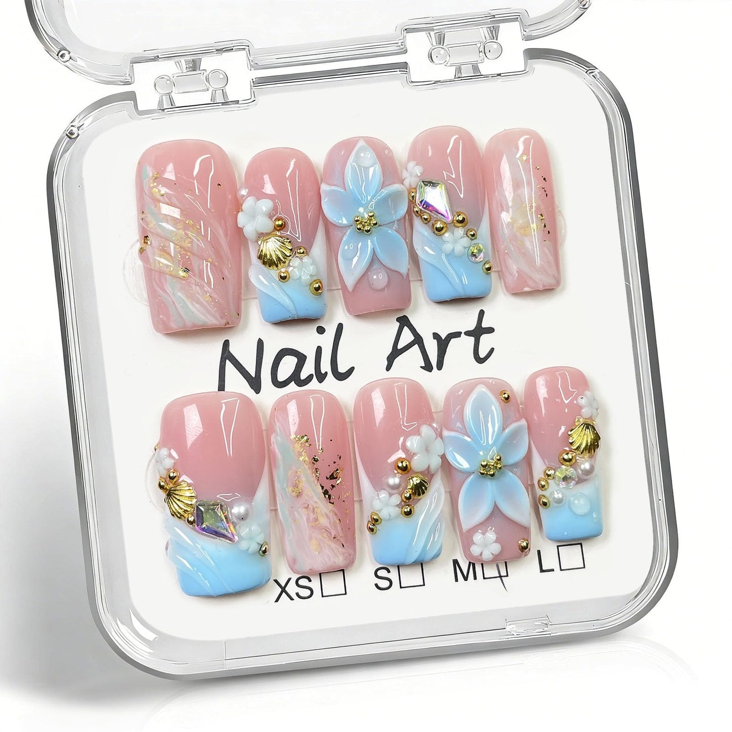 10 Pcs Handmade Press on Nails Medium Square Fake Nails with Blue 3D Flower Pearl Shell French Tip Design False Nails Pink Acrylic M Size Press Ons Nails Square for Women Nail Art