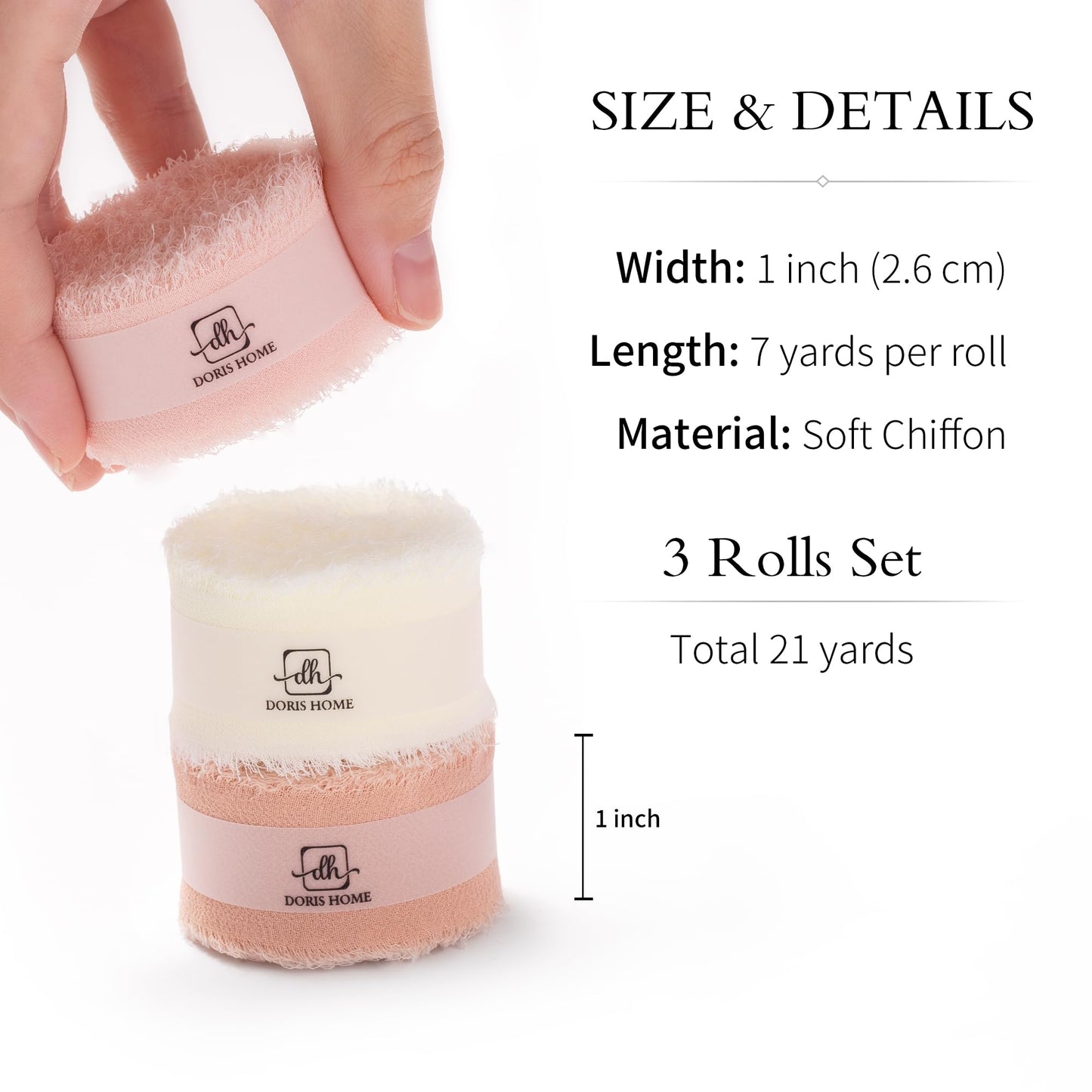 DORIS HOME Pink and Cream Chiffon Ribbon for Flower Bouquet, 1" x21Yd Fabric Ribbon for Gift Wrapping, Handmade Frayed Ribbon for Wedding Invitations/Christmas Decorations