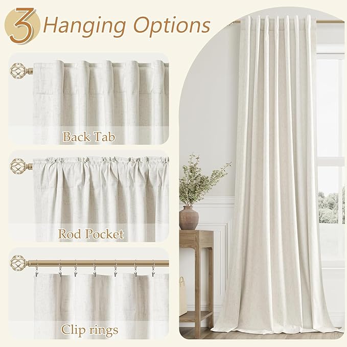 Guken Cream 100% Blackout Linen Curtains 40 Inch Wide by 63 Inch for Living Room Bedroom Back Tab/Rod Pocket Thermal Insulated Black Out Drapes Room Darkening Farmhouse Window Curtains,40x63