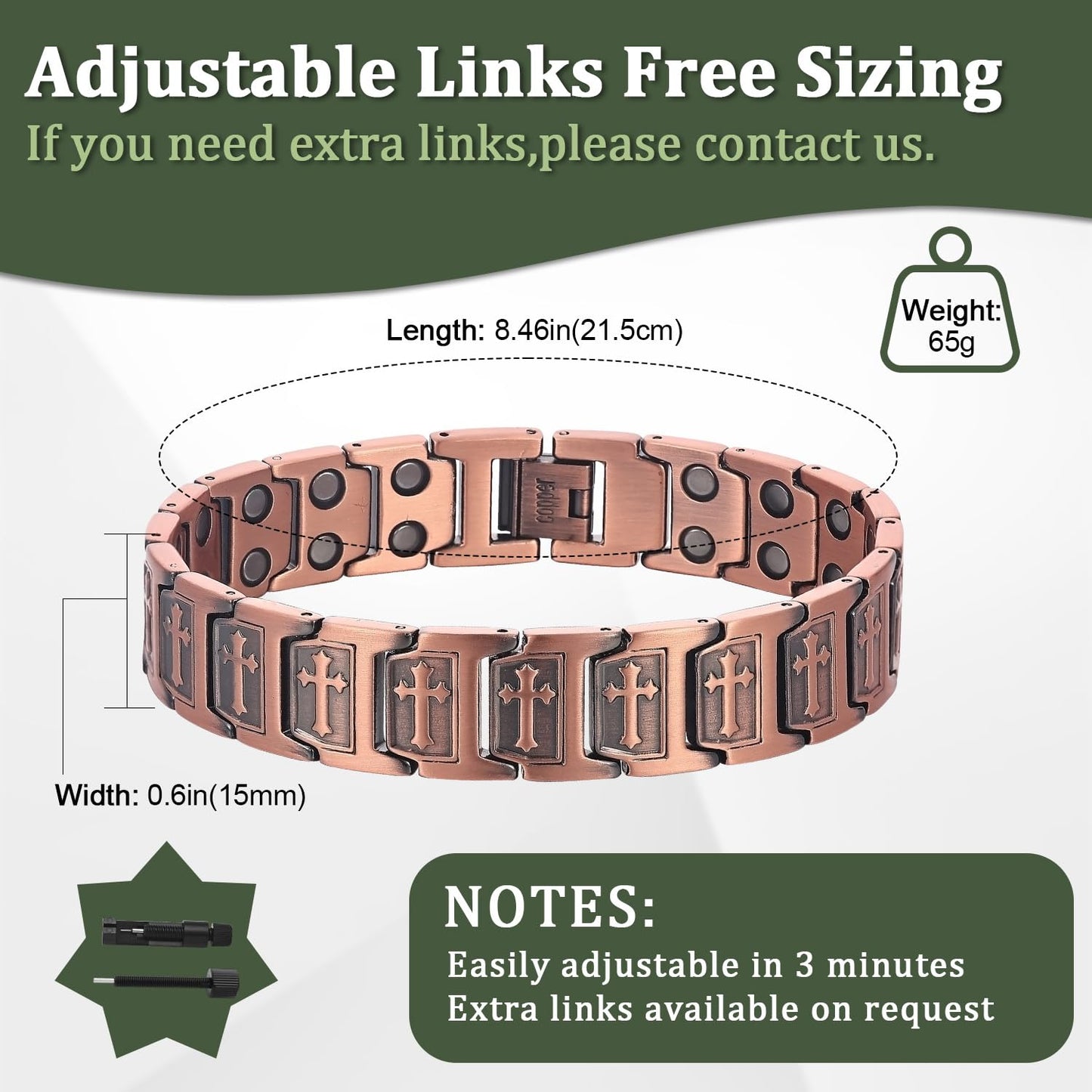 Fashtour Copper Cross Bracelet for Men, Ultra Strength Cross Bracelet With Ring Include Adjustable Link, Jewelry Gift
