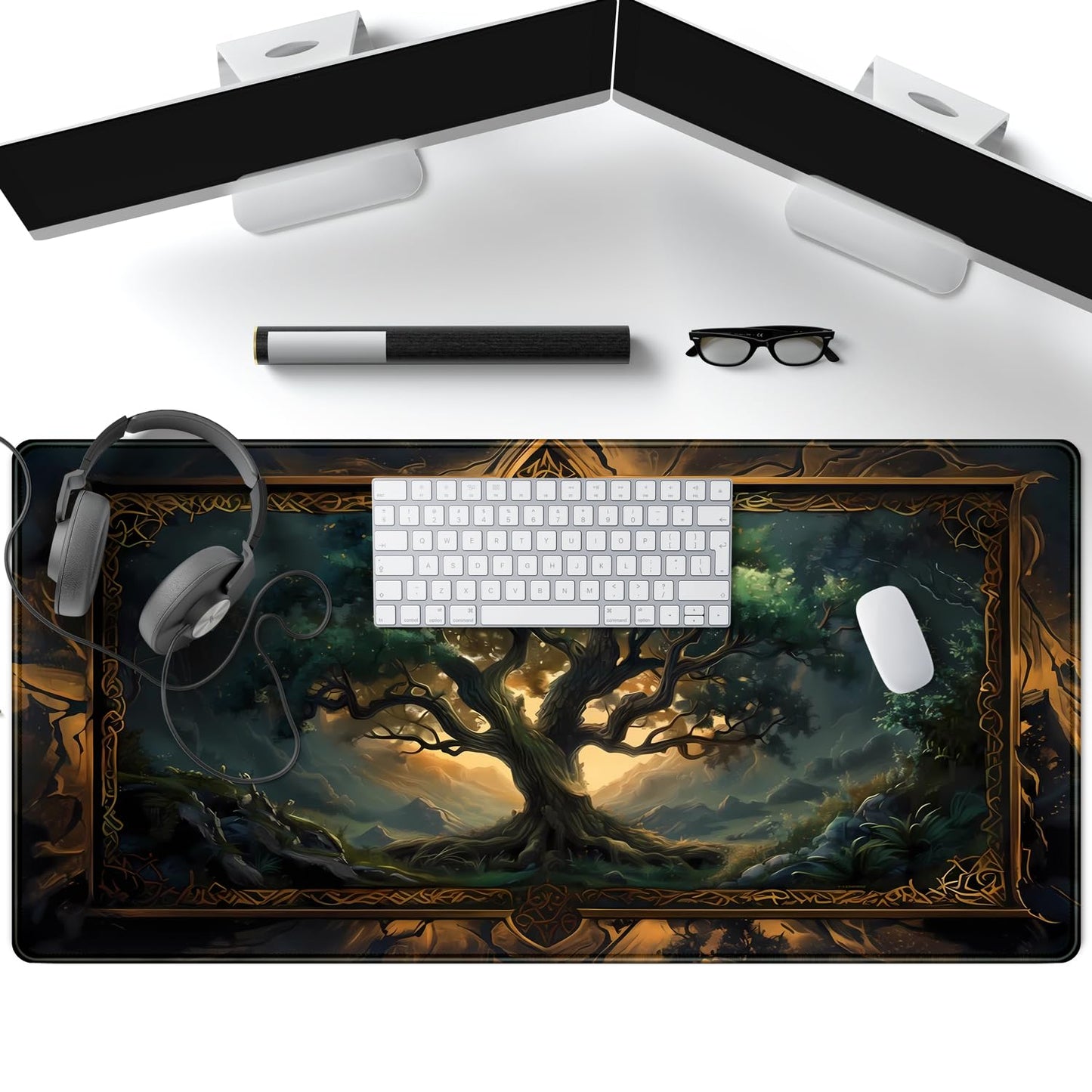 Mystical Green Tree Large Gaming Mouse Pad Forest Tree of Life Deskpad Mat XXL Extended Gaming Desk Large Mousepad Computer Laptop Keyboard and Mouse Mat, Office Desk Decor Pad 31.5x15.8 in