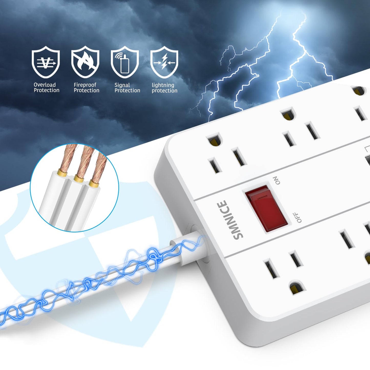 SMNICE Power Strip with USB,Surge Protector Flat Plug with 8 Widely Spaced Outlets and 6 USB Ports(1 USB C), 5ft Extension Cord Wall Mountable Phone Tablet Laptop Computer Multiple Devices