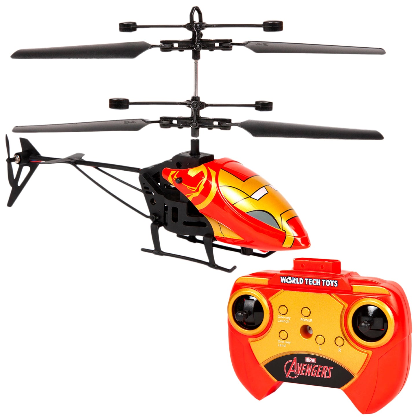 World Tech Toys Marvel Iron Man RC Helicopter – Easy‑Fly Remote Control Helicopter with LED Lights, Durable Body, Coaxial & Rear Rotors – Kids 8+
