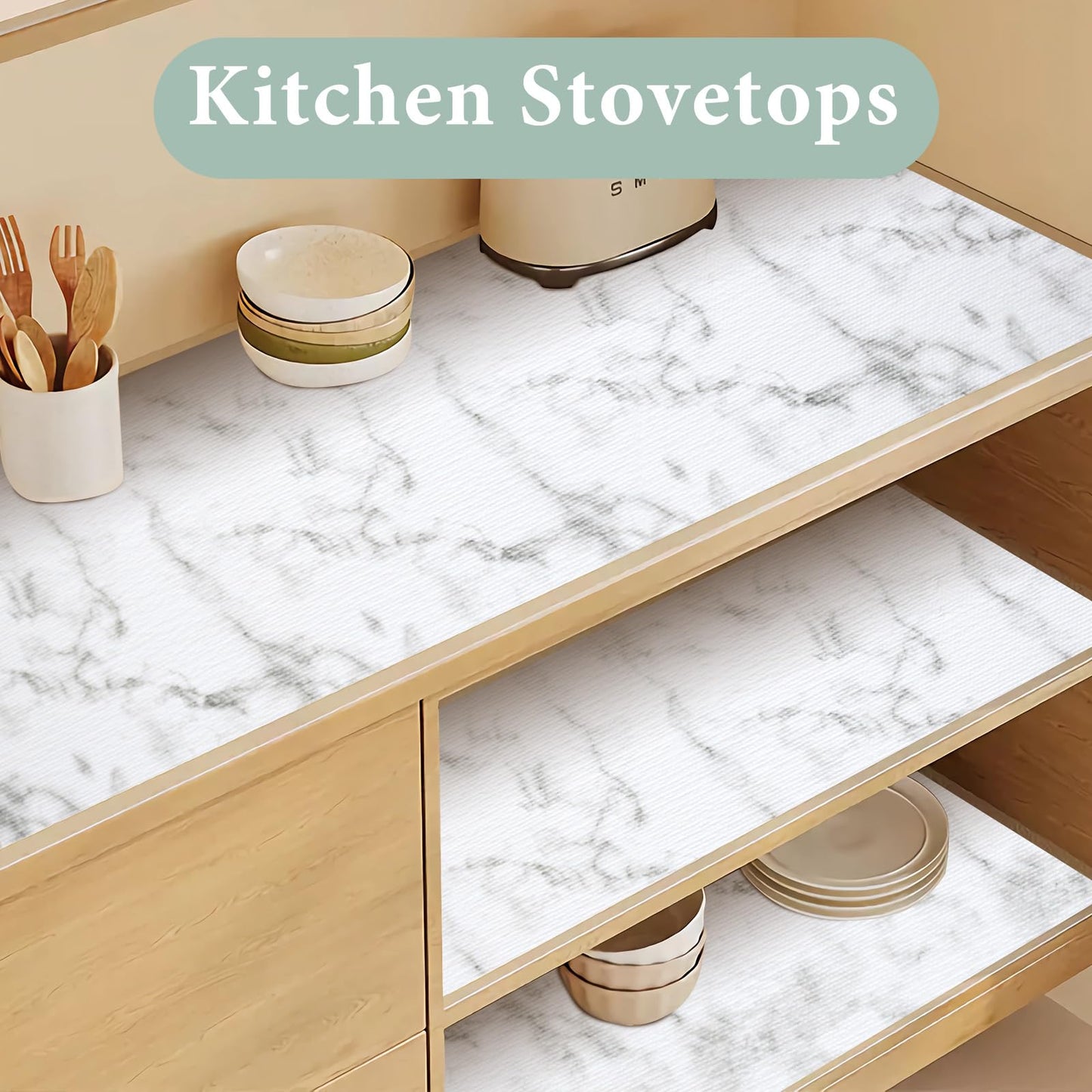 2-Layer Drawer and Shelf Liner for Kitchen Cabinet: 12 in X 20 Ft Non Slip Waterproof Shelf Paper Non Adhesive Refrigerator Liners White Marble Easy Liners for Bathroom with Knife Tape Measure
