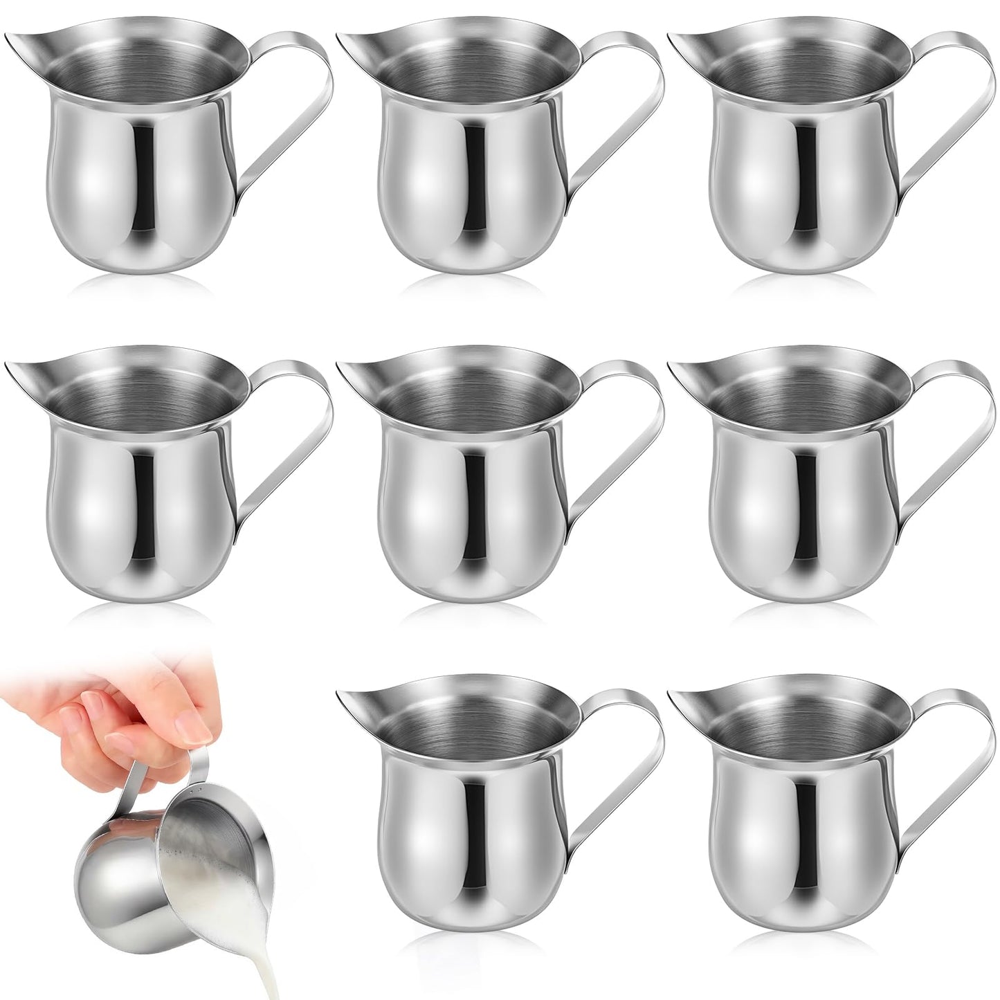 8 Pcs 3 oz (90ml) Mini Milk Creamer Frothing Pitcher Dispenser Container with Handle, Small Stainless Steel Bell-Shaped Creamer for Coffee Barista, Cappuccino, Latte, Restaurant, Bakery, Kitchen Use