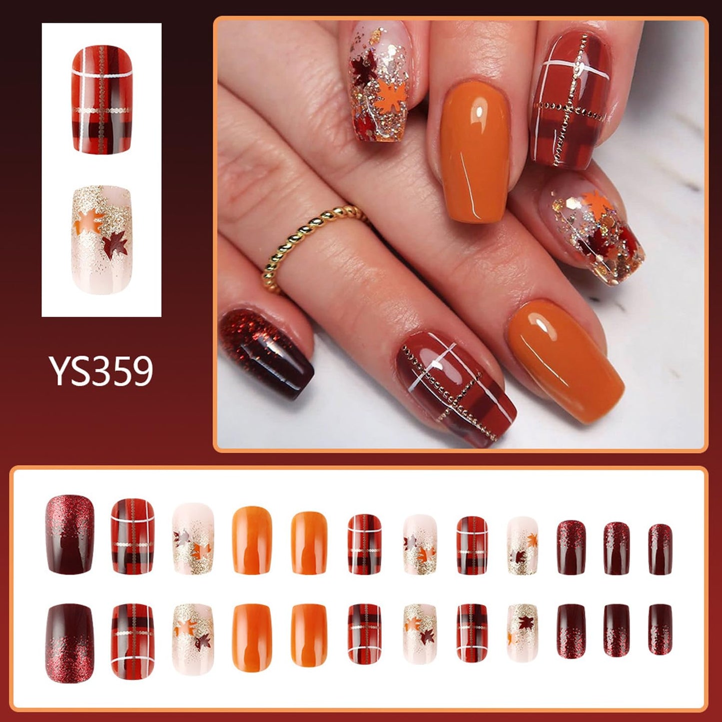 Fall Maple Leaf False Nail Medium Ballet Shaped Thanksgiving Press on Nails Gold Lines Glitter Sequins Design Autumn Stick on Nail Full Cover Artificial Fingernails Festival Glue on Nails for Women