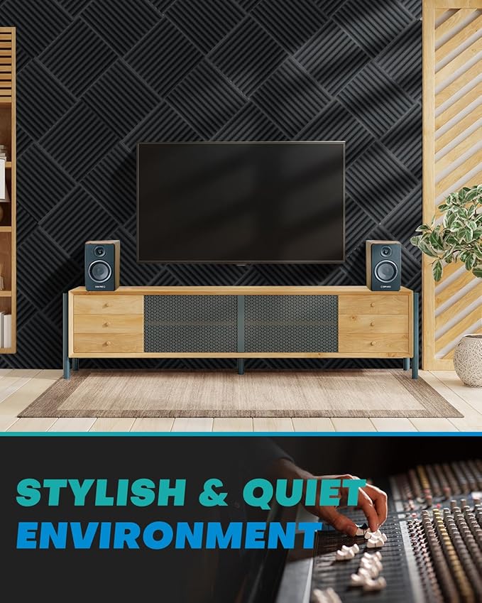 Knightsacoustic 24 Pack Sound Proof Foam Panels for Walls with Self Adhesive, 12x12x2 Acoustic Foam Panels, High Density Acoustic Panels Sound Absorbing, Fire Resistant Studio Sound Proofing Black