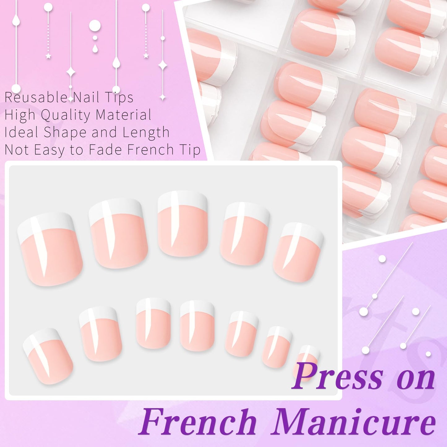 Lifextol 240pc French Tip Press On Nails Short Square Set, White French Tip, Plastic, Press-On False Nails, 120pcs per Set, 240pcs Total