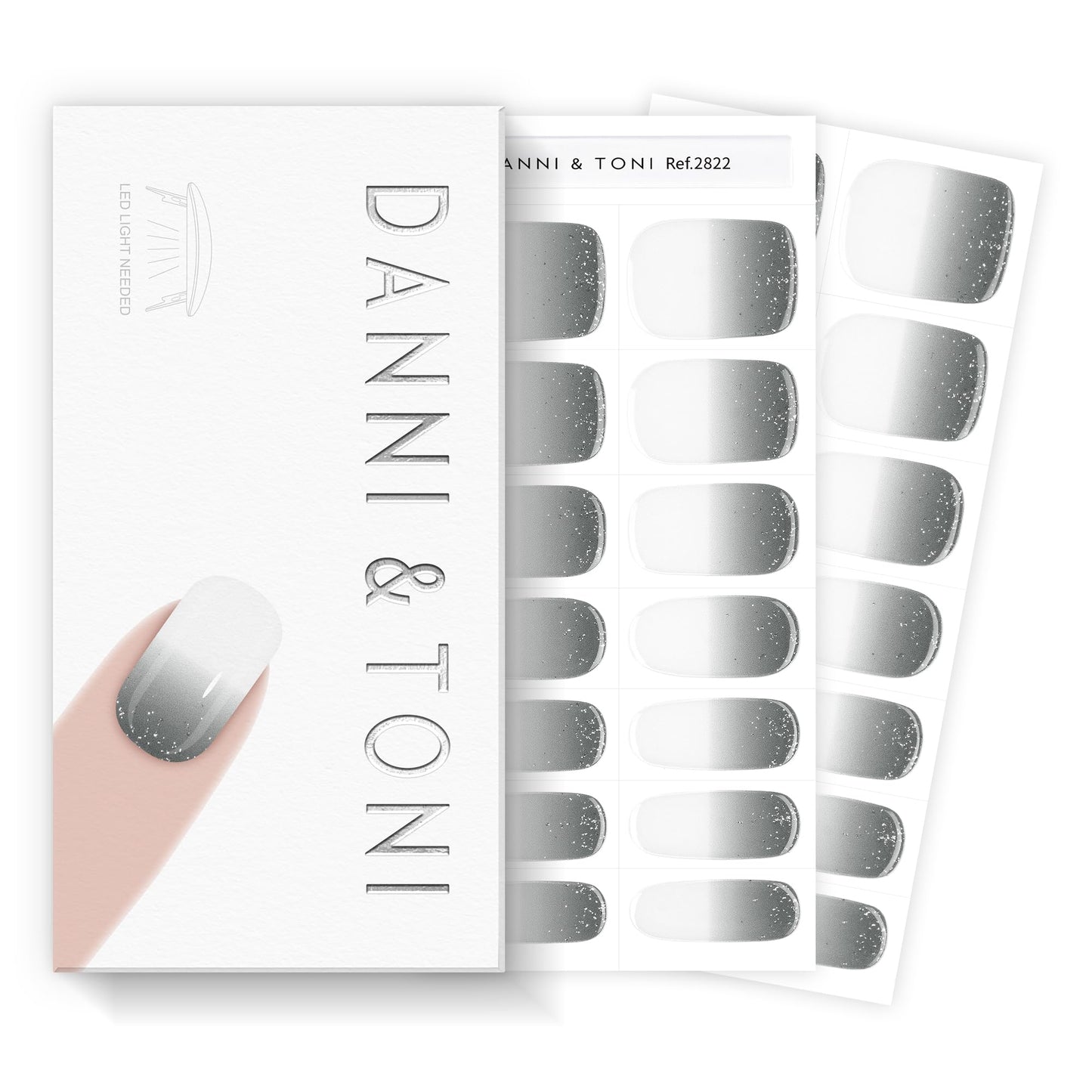 DANNI & TONI Semi Cured Gel Nail Strips Grey-to-White Ombre Glitter Gel Nail Wraps 28 Stickers | Ash Dream