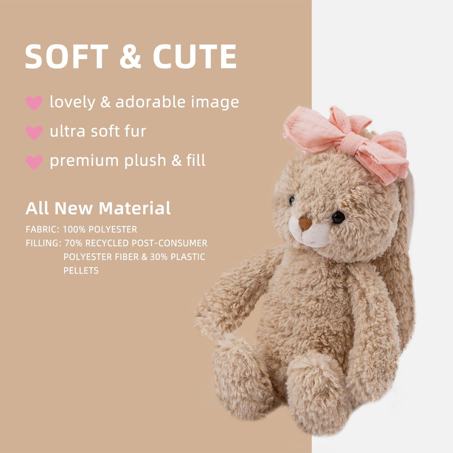CUDDLE CORNER Bunny Stuffed Animal Soft Rabbit Cuddly Toy 8'' Long - Eared Brown Plush Bunny with Pink Bow Plush Toys for Babies and Toddlers