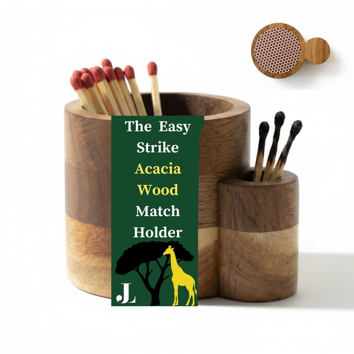 The Easy Strike Acacia Wood Match Holder with Striker & Extra Striker Pad - 3.25" x 2" Decorative Matchstick Organizer for Fireplace, Candles, Home Decor Gift, Matches Not Included (1 Pcs)