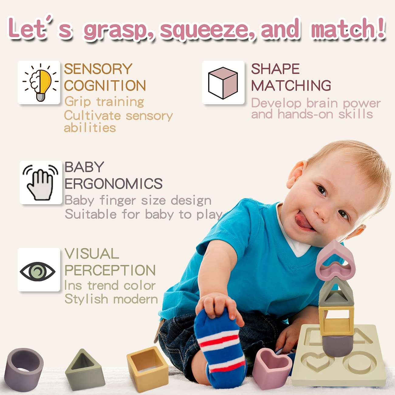 HETOMI Baby Soft Nesting Sorting Stacking Toys Silicone Teething Blocks Shapes Recognition Learning Development Toys for Toddler 3+ Months(Beige)