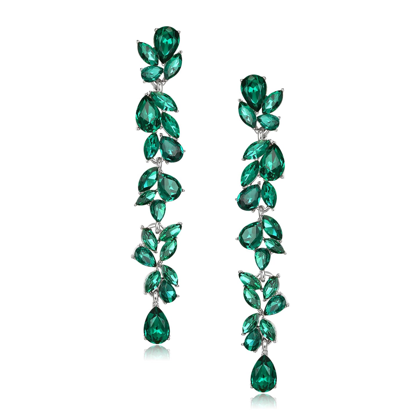 EVER FAITH Wedding Rhinestone Crystal Chandelier Dangle Earring for Women Brides, Art Deco Marquise Teardrop Bridal Long Drop Earrings for Prom Green Silver-Plated-Base