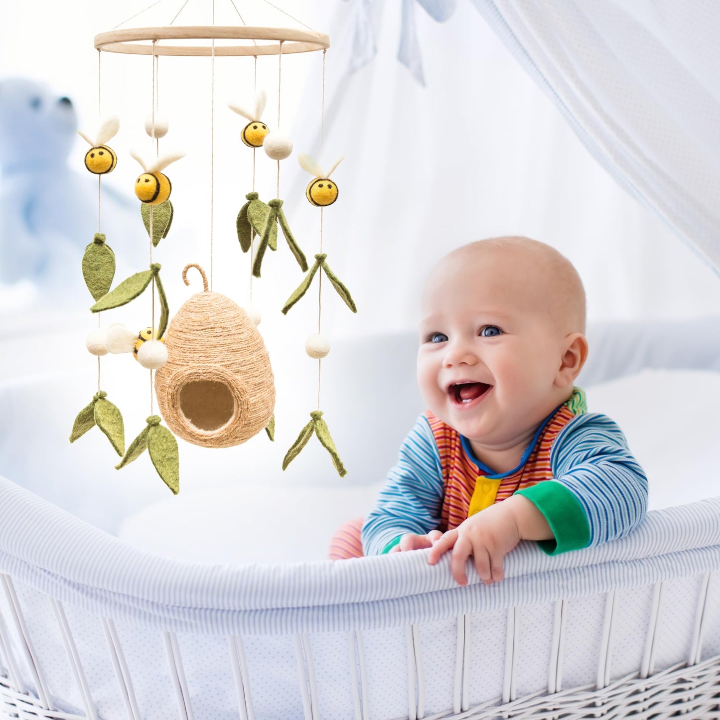 GLACIART ONE Baby Nursery Bumble Bee Mobile for Crib |Gender Neutral Mobile for Woodland Theme Nursery Decor | Felt Hanging Bee and Beehive Room Decorations Handmade from Natural Wool |Great Gift Idea