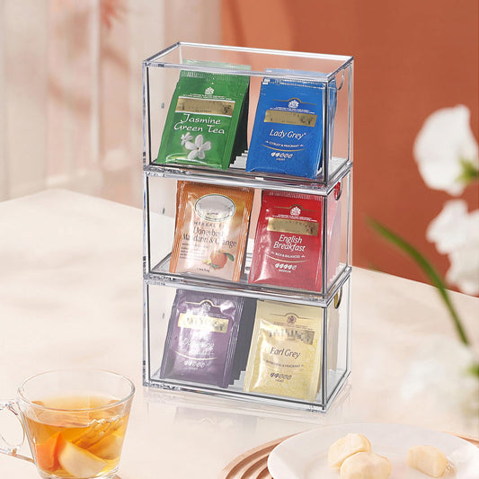 ELLDOO 3 Drawers Tea Bag Organizer, Clear Acrylic Stackable Tea Bag Storage Holder for Kitchen Pantry, Coffee Pod Snack Storage for Countertop Cabinet