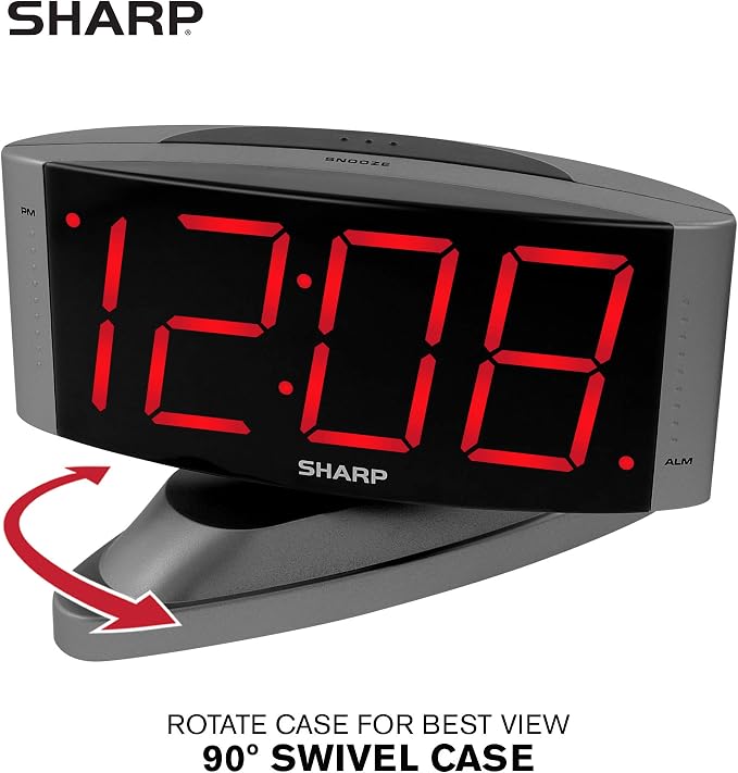 Sharp Outlet-Powered Alarm Clock with Swivel Base, Red LED, Gunmetal Grey | Large red LED digits; Adjustable swivel base; Brightness dimmer; Snooze alarm; Simple controls; Outlet powered