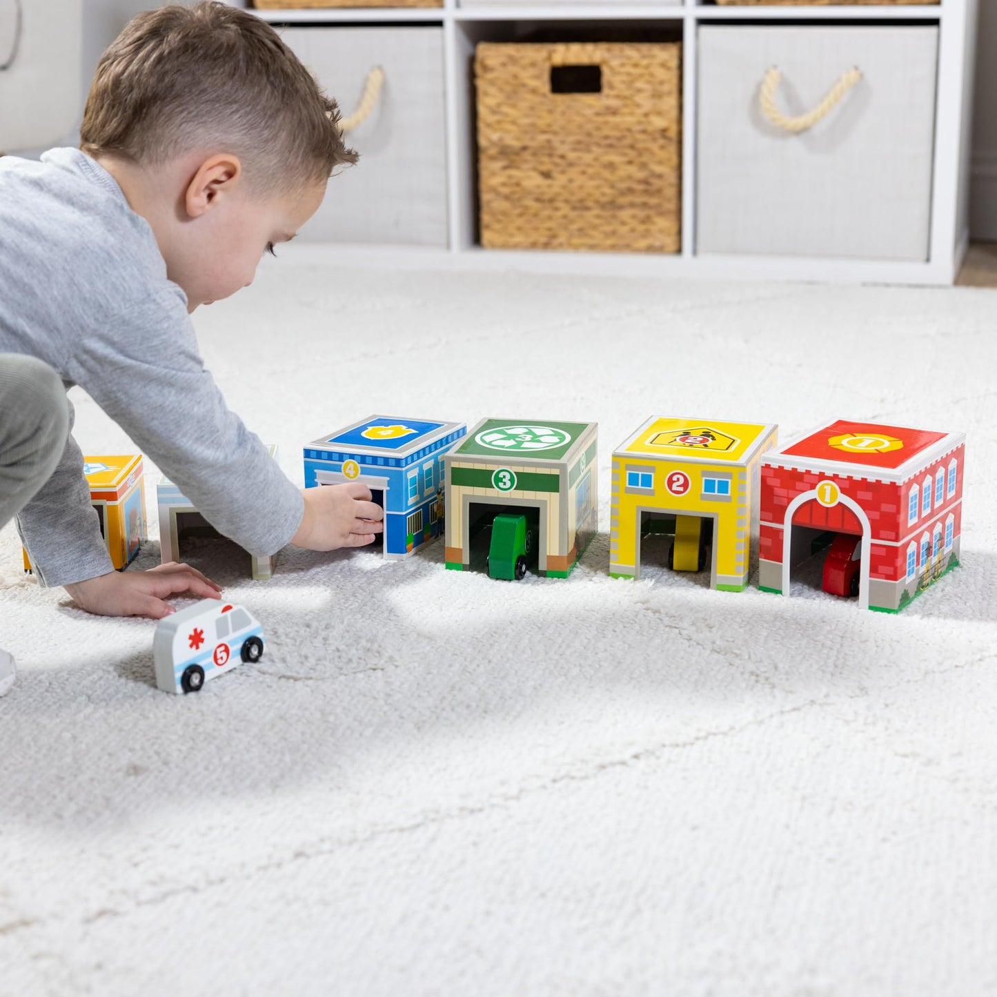 Melissa & Doug Nesting and Sorting Blocks - 6 Buildings, 6 Wooden Vehicles - FSC Certified