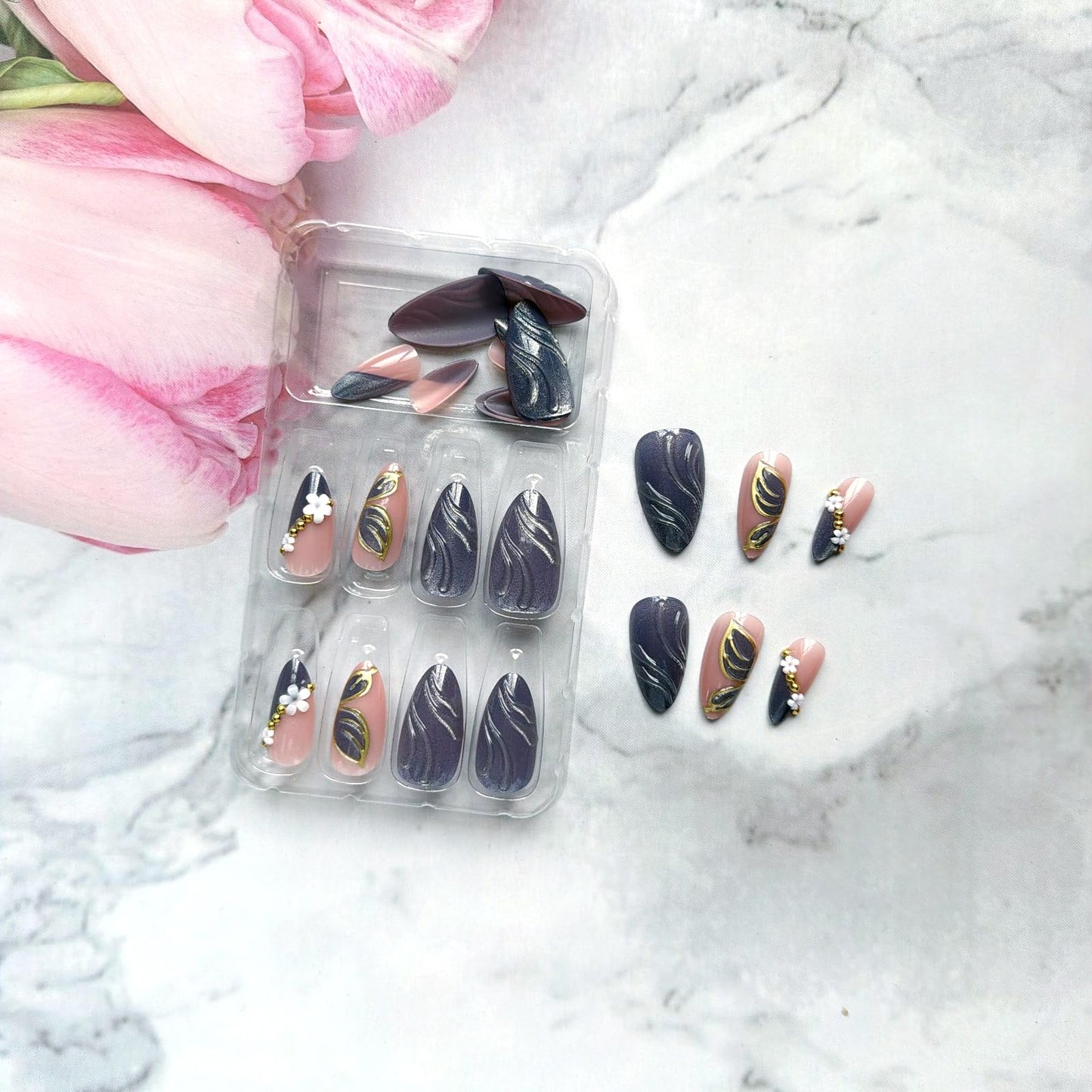 Almond Press on Nails French Tip Fake Nails Full Cover Medium False Nails with 3D White Flowers Gold Beads Design Shiny Blue Butterfly Nail Tips Glue on Nails Spring Summer Stick on Nails for Women