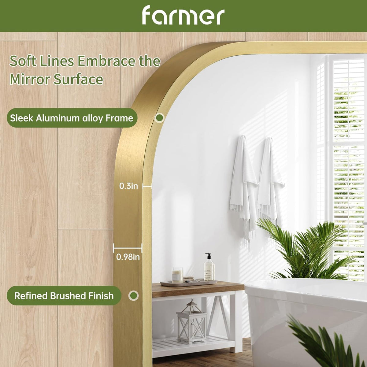 FARMER 22x30 Inch Gold Bathroom Mirror, Rectangle Vanity Mirror, Brushed Mirrors for Wall, Metal Frame Hanging Mirror with Round Corner for Bedrooms, Entryways, Living Rooms, Horizontal/Vertical