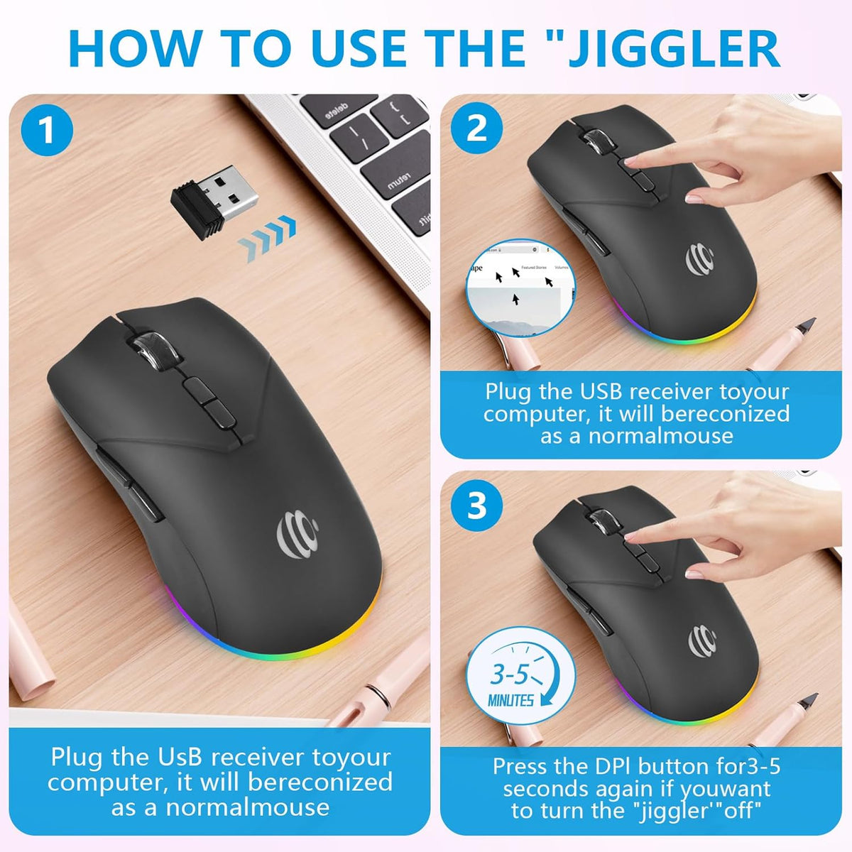 Wireless Bluetooth Mouse, 2.4G and Bluetooth 5.2 Ergonomic Rechargeable USB Optical Mouse, 3 Adjustment DPI， 1600 DPI Dual Mode Silent Wireless Mouse for Mac，Laptop, PC, Windows.(Black)