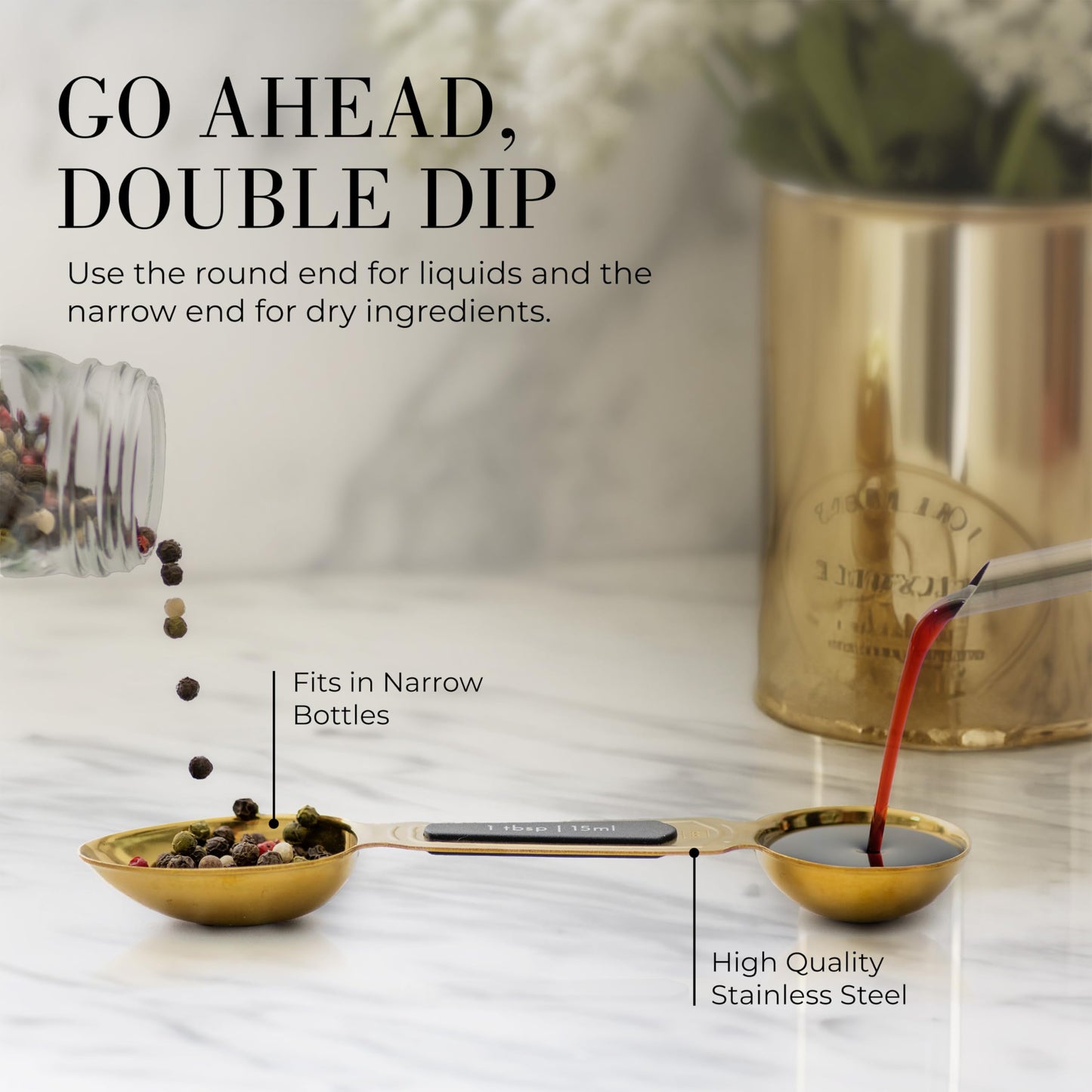 Gold Magnetic Measuring Spoons with Leveler - Featuring 8-Piece Upgraded Style, Dual-Sided, Stackable, Stainless Steel Gold Measuring Spoons Set - Fits in Spice Jars, Luxury Kitchen Accessories
