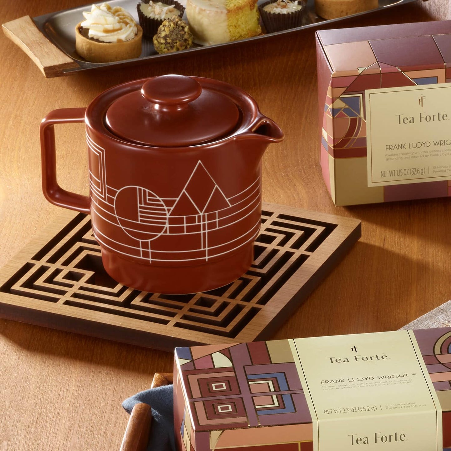 Tea Forte Ceramic Teapot with Removable Stainless Steel Infuser Basket and Lid, Steeps 24 oz. Loose Leaf Tea, Dishwasher & Microwave Safe, Gifts for Mom, Terra - Frank Lloyd Wright
