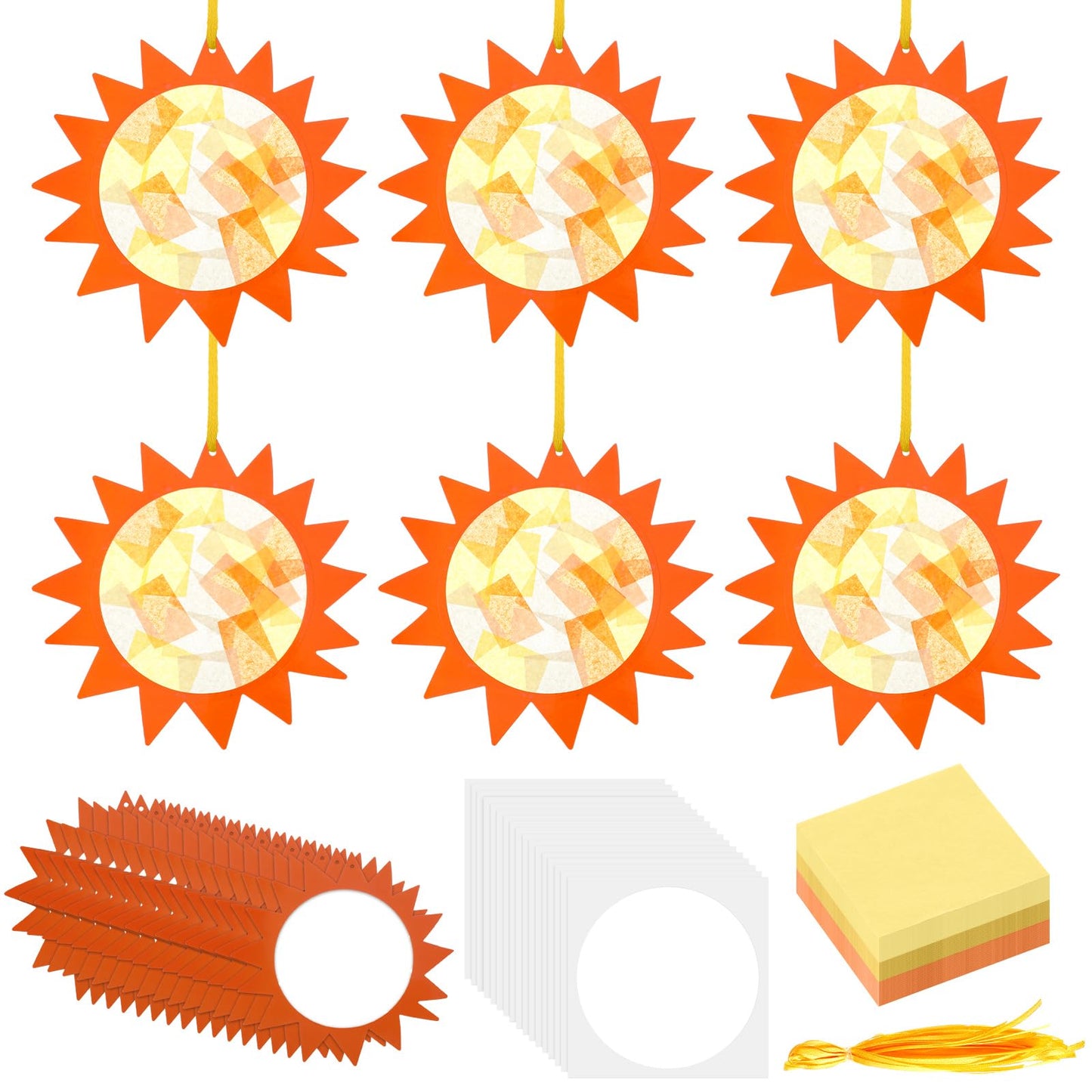 Colarr 24 Sets Sun Crafts Gold Sun Tissue Paper Crafts Kits DIY Summer Hanging Ornaments Suncatcher for Summer Home School Classroom Party Decoration Art Activity
