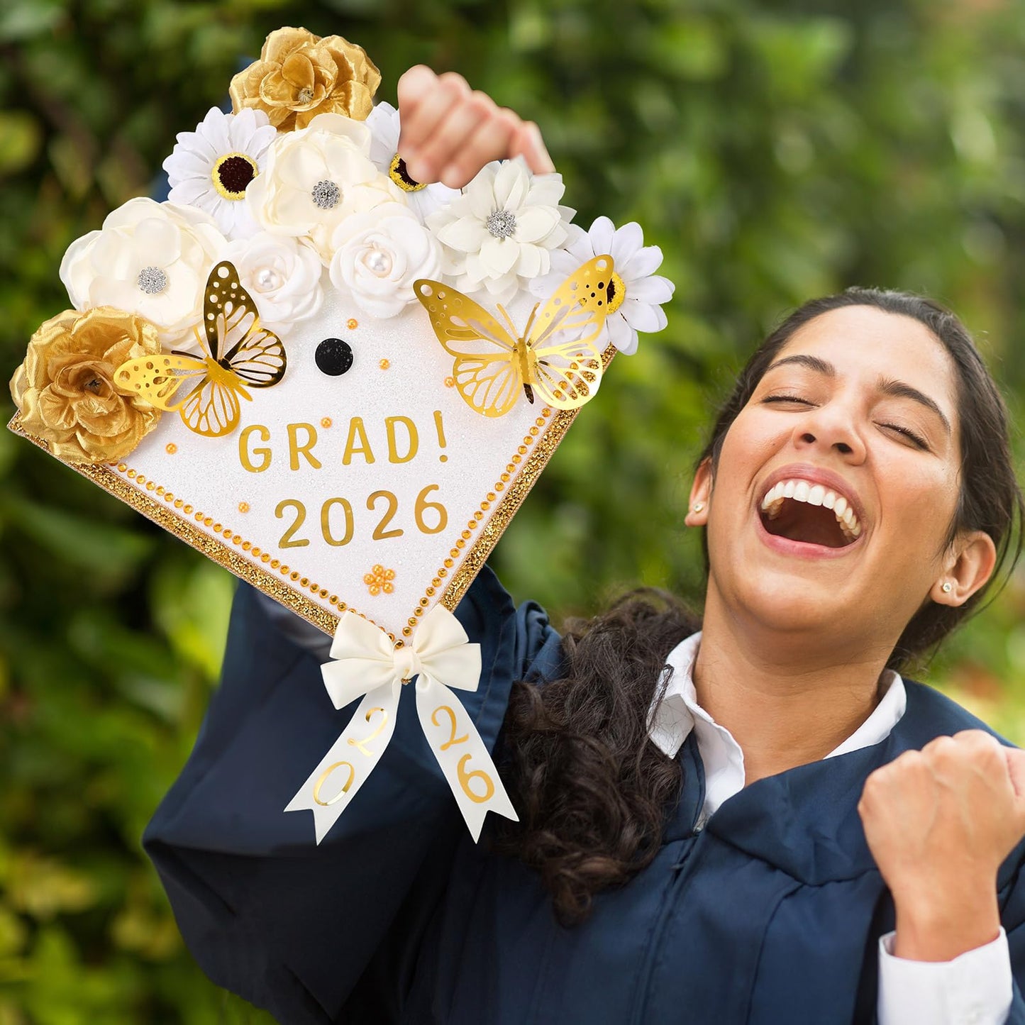 Wavwavw 63 Pcs DIY Graduation Cap Decorations Kit Include Faux Flowers 3D Butterfly Bow Self Adhesive Rhinestones and Alphabet Letter Stickers for 2026 Grad Cap Topper Decor Graduation Party(White)