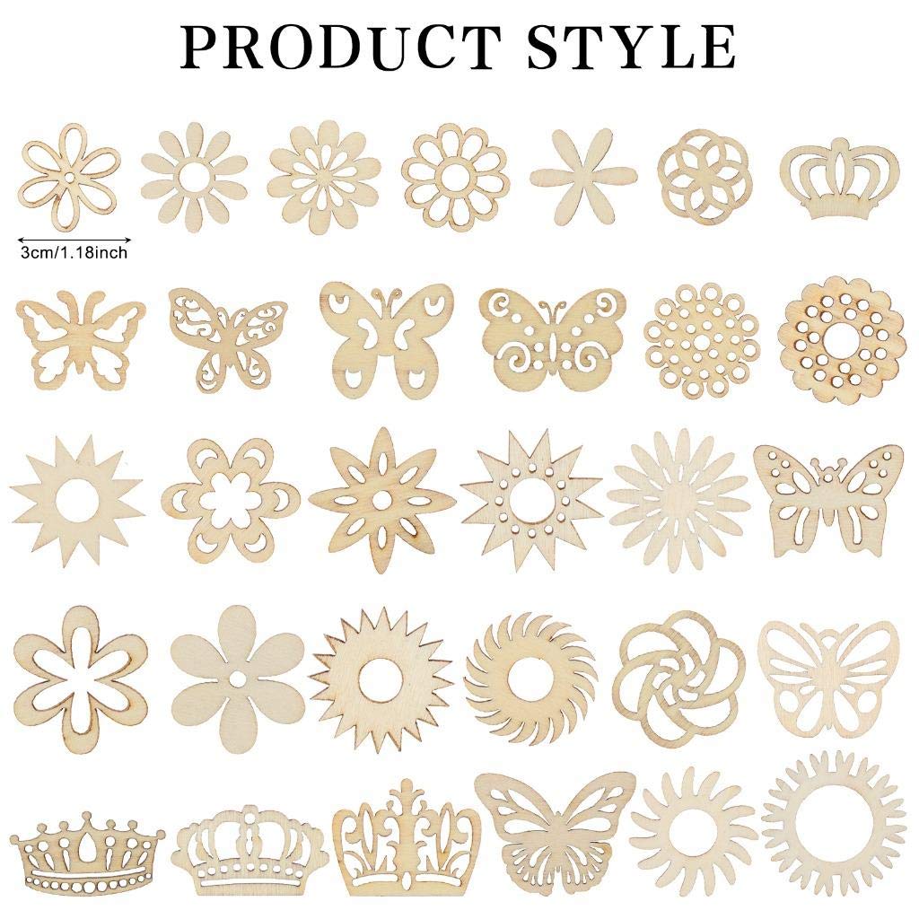 300Pcs Wooden Embellishments,Flower Butterfly Shape Wooden Cutouts Wooden Scrapbooking DIY Handmade Crafts Children Graffiti Home Decor Wooden Crown Pieces Discs Wood Slice Ornament Manual Accessories