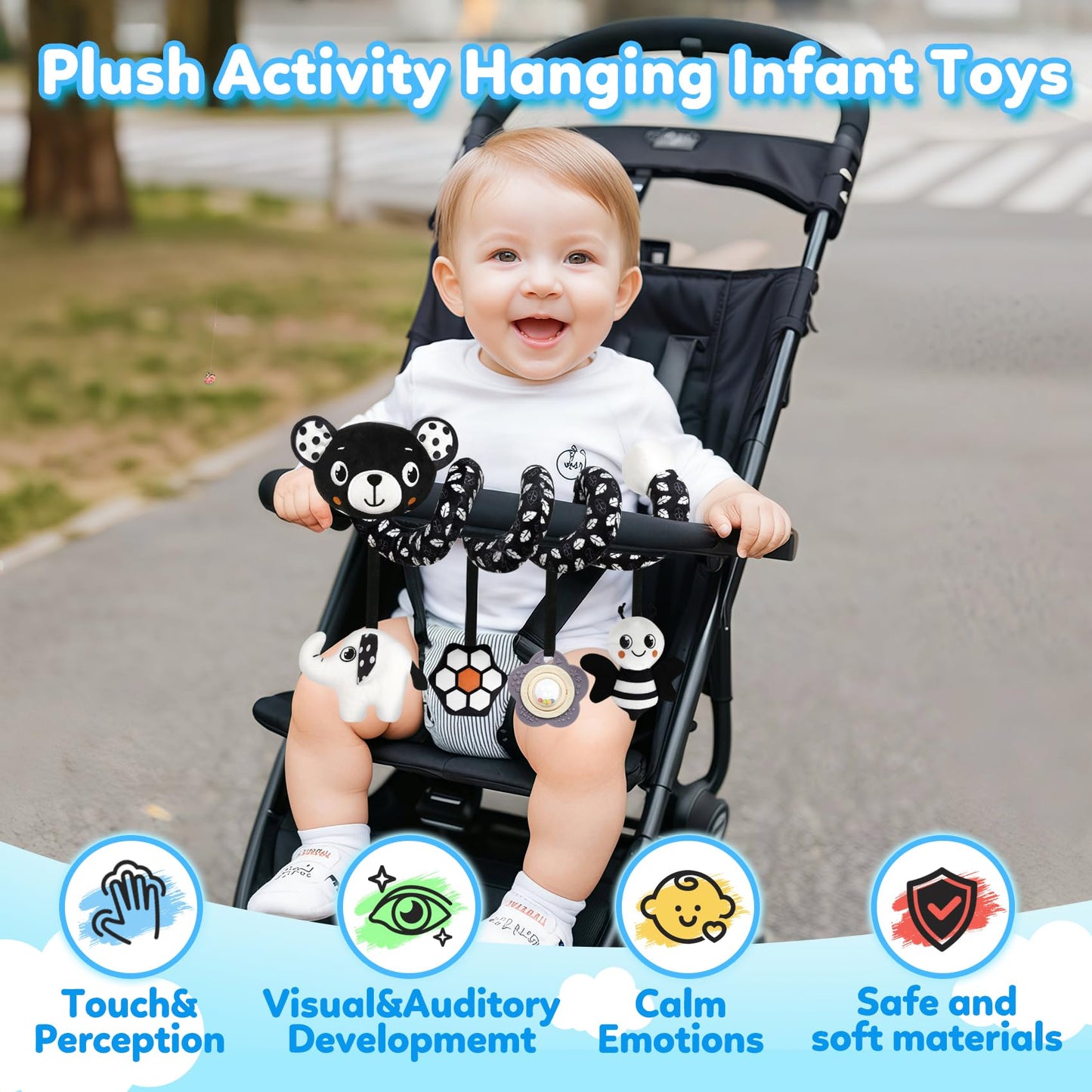 GKDOMS Baby Carseat Toy Black & White Rattle Spiral Hanging Activity Stroller Toy for Newborns Boys and Girls - Bear