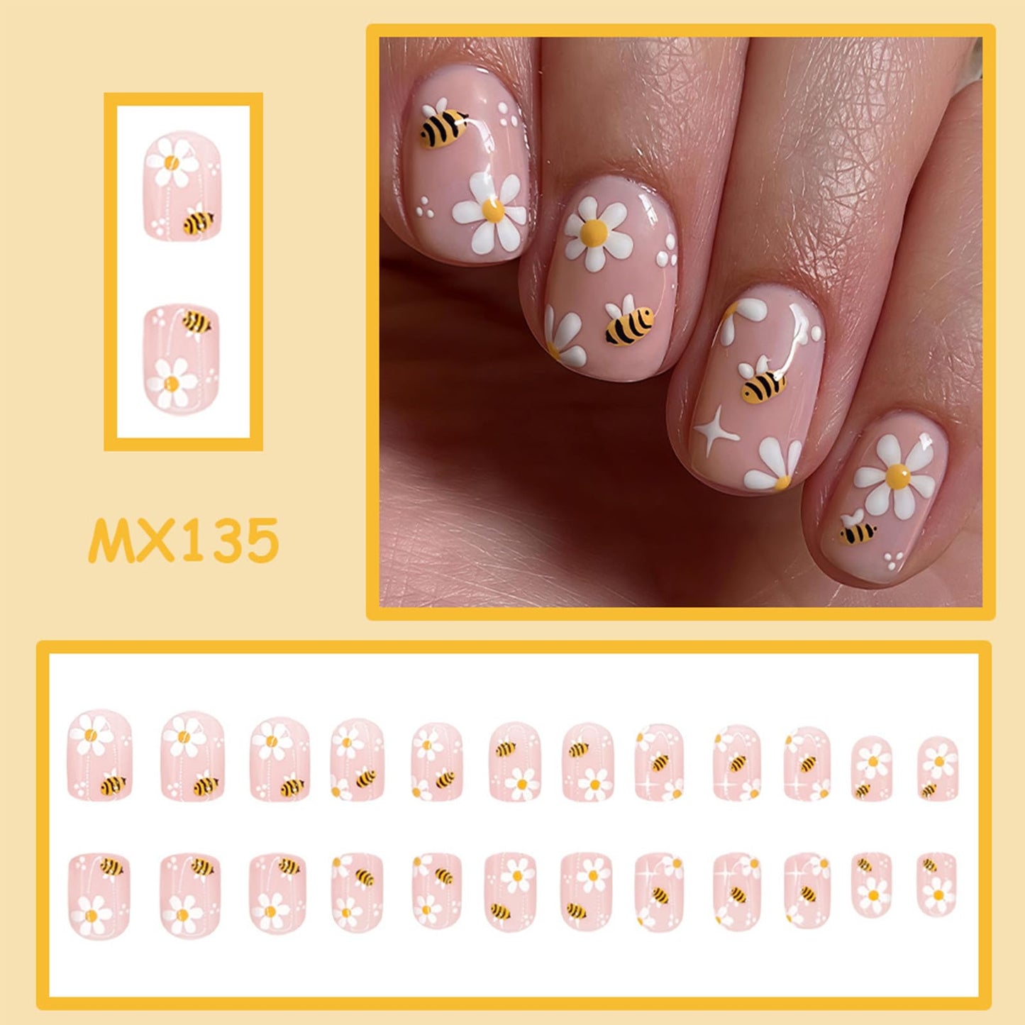 Cute Press on Nails Short Square Fake Nails with Bee Flower Designs 24Pcs Spring Summer Floral Press on False Nails Glossy Glue on Nail Artificial Stick on Nail for Women Manicure