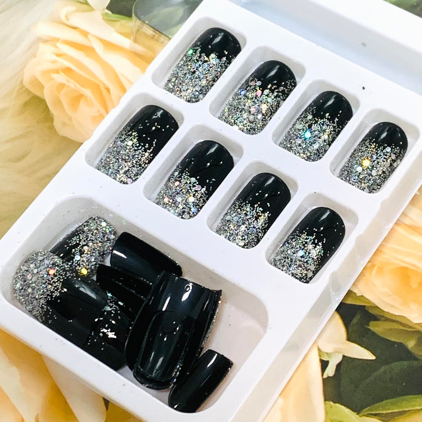 Press on Nails Medium Square Shapes 24Pcs Glossy Full Cover Artificial Black Fake Nails with Silver Glitter Designs Reusable Coffin Acrylic False Nails Glue on Fingernails with Charm for Women