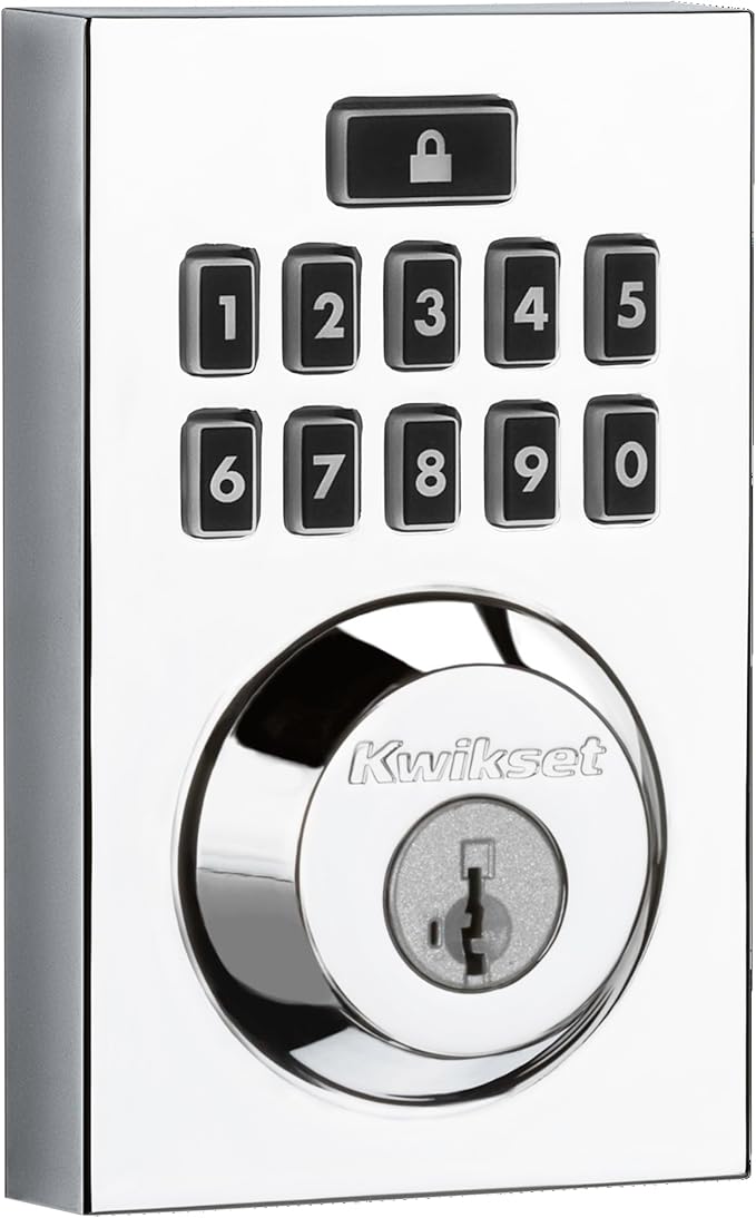 Kwikset 914 Contemporary Keypad SmartCode Electronic Deadbolt Smart Lock featuring SmartKey Security and ZigBee 3.0 Technology in Polished Chrome