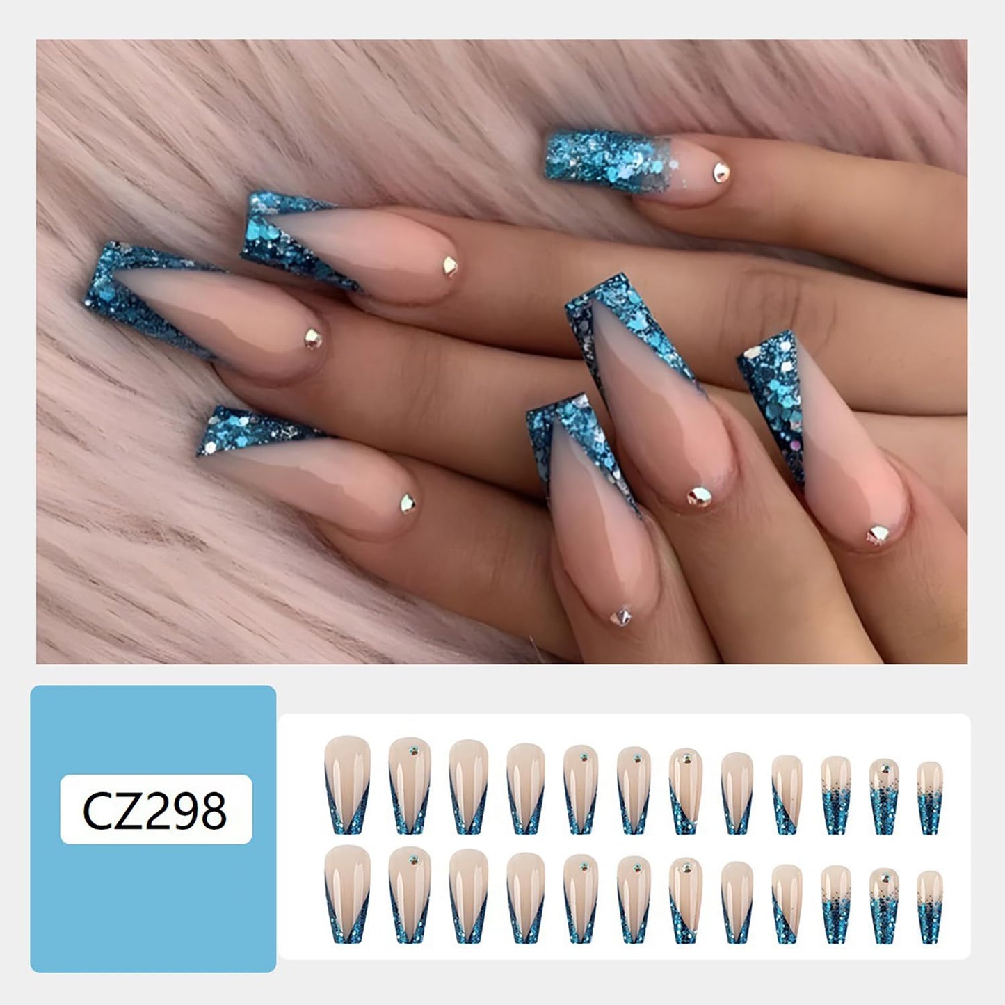 Press On Ballet Shaped Artificial Acrylic Nails - Shine Rhinestones & Blue Sequins Design - Nude French Fake Coffin Nails - Full Cover Reusable Glue On Nails for Women - 24Pcs